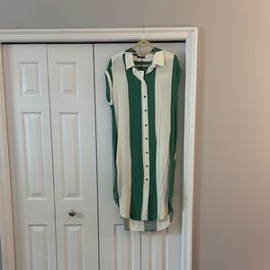 Green and Cream Striped Sleeveless Shirt Dress